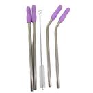 Canudo Aço Inox Kit 4 Peças Reutilizavel MilkShake Vitamina Bebida Reto Curvo Ponteira de Silicone Escova de Limpeza Sustentavel Ecologico
