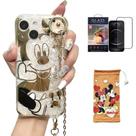 Capa de desenho animado Hosiss para iPhone 15 de 6,1 polegadas com protetor de tela HD, Mickey Mouse com pulseira, alça de corrente de metal, protetor de TPU macio à prova de choque para meninas e mulheres