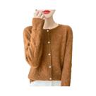 Cardigã Feminino De Lã Tricotado Para Outono/Inverno, Gola Redonda, Vazado, Solto E Casual