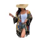 Cardigã feminino plus size com estampa boêmia e design de franjas para uso casual diário