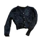 Cardigã Feminino Vintage Cropped De Mohair Tricotado Com Decote V Preto E Branco Liso Ajustado