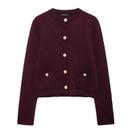 Cardigan Feminino de Malha - Manga Comprida, Azul Borgonha, Recorte e Botões