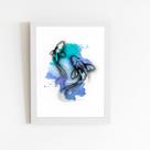 Carpa Peixe Azul Minimalista Quadro Moldura Branca 60x40cm