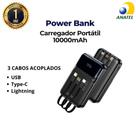 Carregador Portátil Rápido Bateria Power Bank 3 Cabos Com Pontas USB, TypeC e Lightning 22.5W PB203 Preto 10.000mAh Original Carregador Portátil Rápido Bateria Power Bank 3 Cabos Com Pontas USB, TypeC e Lightning 22.5W PB203 Preto 10.000mAh Original