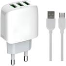 Carregador Turbo 3.1A 3 USB Bivolt com Cabo USB-C Rápido