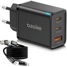 Carregador Turbo 65W GaN 3 Portas USB-C e USB-A com Cabo 4 em 1 Trançado Basike Carga Rápida Notebook Celular