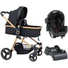 Carrinho de Bebê Galzerano Ivy TRIO 3 em 1 Berço Passeio Moisés com Bebê Conforto e Base Carro Travel System Viagem Preto Dourado Gold Fecha Uma Mão