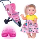 Carrinho de boneca plastico 3 rodas + Boneca 31CM com Cabelo Reborn + Mola Maluca