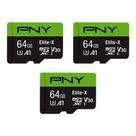 Cartão de memória PNY Elite-X microSDXC 64GB Classe 10 U3 V30 - pacote com 3
