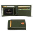 Carteira fina RUNBOX em couro minimalista com duas dobras RFID verde