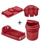 CASA NOVA-ESCORREDOR DE LOUÇA+ESCORREDOR DE TALHERES +PORTA DETERGENTE+ lIXEIRINHA DE PIA SANREMO- KIT VERMELHO