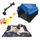 Casa P/ Cães N2 Azul + Cama Pet Preto + Mordedor e Corda