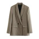 Casaco Blazer Feminino Xadrez - Duplo Breasted, Manga Comprida e Bolsos com Aba Casaco Blazer Feminino Xadrez - Duplo Breasted, Manga Comprida e Bolsos com Aba