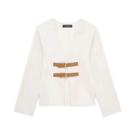Casaco de Lã Feminino Bege Retro - Fivela de Couro, Decote V e Manga Longa Casaco de Lã Feminino Bege Retro - Fivela de Couro, Decote V e Manga Longa