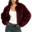 Casaco de pele sintética Flygo 2025 Fluffy Open Front Wine para mulheres