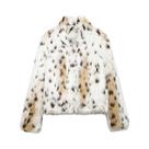 Casaco Feminino Elegante de Pele Sintética - Fofo, Estampado, Manga Comprida - Jaqueta de Inverno