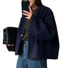 Casaco feminino HOTIAN com decote em V, mistura de lã, curto, outono, inverno, azul marinho