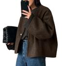 Casaco feminino HOTIAN com decote em V, mistura de lã, curto, outono, inverno, marrom