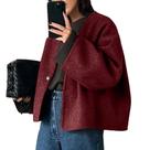 Casaco feminino HOTIAN com decote em V, mistura de lã, curto, outono, inverno, vermelho