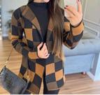 casaco feminino tipo cardigan estampa xadrez, kimono de frio, sobretudo tricô/tricot
