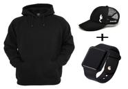 Casaco Moletom Masculino Feminino liso blusa de frio Canguru com Boné e relógio digital - K103