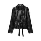 Casaco Trench Cropped Feminino Preto De material sintético Com Cinto HXAO Jaqueta De Manga Longa