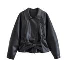 Casaco Trench Feminino Preto De material sintético Com Manga Longa, Gola Lapela E Cinto, Estilo Vintage