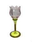 Castiçal em Vidro Flor Verde e Rosa 19cm