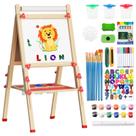 Cavalete para crianças, incluindo mais de 100 acessórios, cavalete infantil de madeira de dupla face, quadro branco, prancheta magnética e rolo de papel, cavalete artístico em pé com altura ajustável para crianças 3-4 4-8 9-12