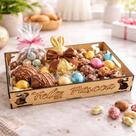 Cesta Bandeja Páscoa MDF 30x20 com Alça e Coelhinhos Vazados