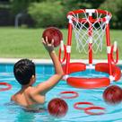 Cesta de basquete de piscina AuroTops 2 em 1 flutuante para crianças vermelha