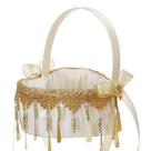 Cesta de flores de casamento elegante com miçangas douradas e cetim