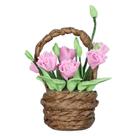 Cesta de flores em miniatura para casa de bonecas em argila de resina rosa em escala 1:12