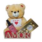 Cesta Romântica Urso Fofo , Ferrero Rocher e Água Floral