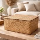 Cesto Caixa Organizador Decorativo Multiuso Com Tampa Baú Em Fibra Natural Seagrass Tamanho Grande