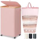 Cesto de roupa suja Goodpick com rodas Tecido Oxford rosa 100L