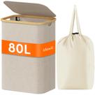 Cesto de roupa suja Lifewit 80L com tampa, alças de bambu e bolsa bege