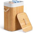 Cesto de Roupas Sujas Dobrável 70L em Bambu com Tampa e Forro Removível Ideal para Banheiro, Lavanderia e Brinquedos