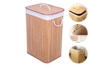 Cesto Roupa Banheiro Lavanderia Bambu Natural Forro Algodão Tampa Multiuso Porta Objetos Decoração
