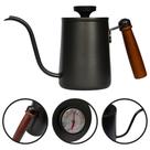 Chaleira Pescoço de Ganso 600ml Bico Fino Black Inox com Termômetro e Cabo Madeira