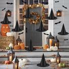 Chapéu de bruxa de Halloween preto Oxford 12 peças com corda pendurada 16 peças de morcegos 3D