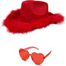 Chapéu de Cowboy Vermelho com Penas e Óculos de Sol - Kit 4E's Novelty