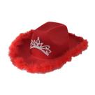 Chapéu de cowboy vermelho em poliéster com coroa de strass e acabamento em penas Chapéu de cowboy vermelho em poliéster com coroa de strass e acabamento em penas