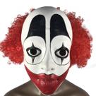 Chapéu de palhaço, máscara facial completa de látex, traje de cosplay de boca grande