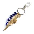 Chaveiro Olho Grego Cachos Azul Escuro e Dourado 12cm Murano