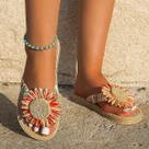 Chinelo Feminino De Linho Multicolorido Com Estampa De Girassol, Antiderrapante, Sola Macia,