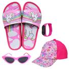 Chinelo Slide Infantil Feminino Unicórnio Sereia Confortável Leve Antiderrapante + Boné Óculos Relógio