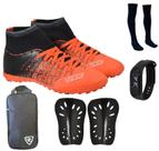 Chuteira Botinha Society Cano Alto Costurada + Caneleira + Meião + Bolsa Esportiva + Relógio Digital