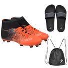 Chuteira Campo Botinha UZ Cravo Adulto + Chinelo Slide + Bolsa Esportiva