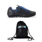 Chuteira Couro Legitimo Preto Azul Royal Society Sola Borracha Colada Costura Mais Mochila Bolsa Esportiva